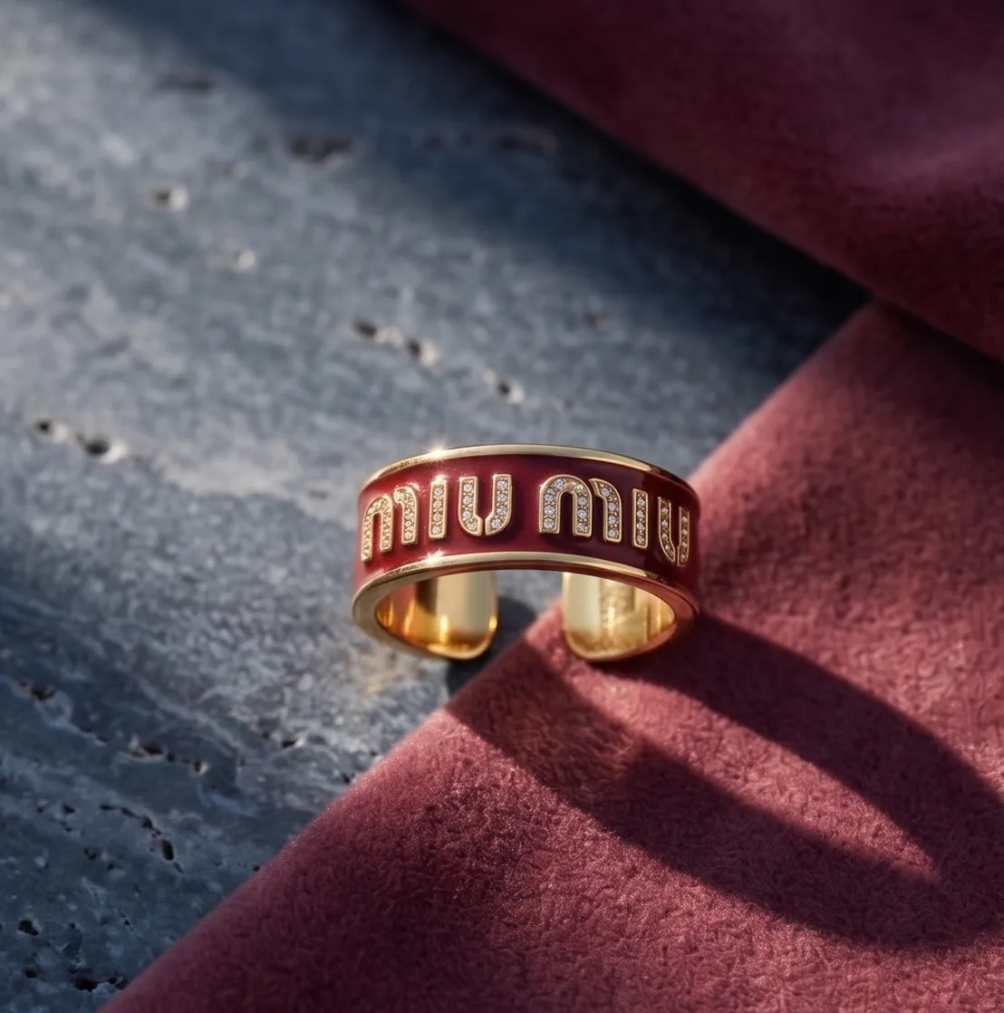 Red Enamel "MIU" Crystal Accent Band Ring